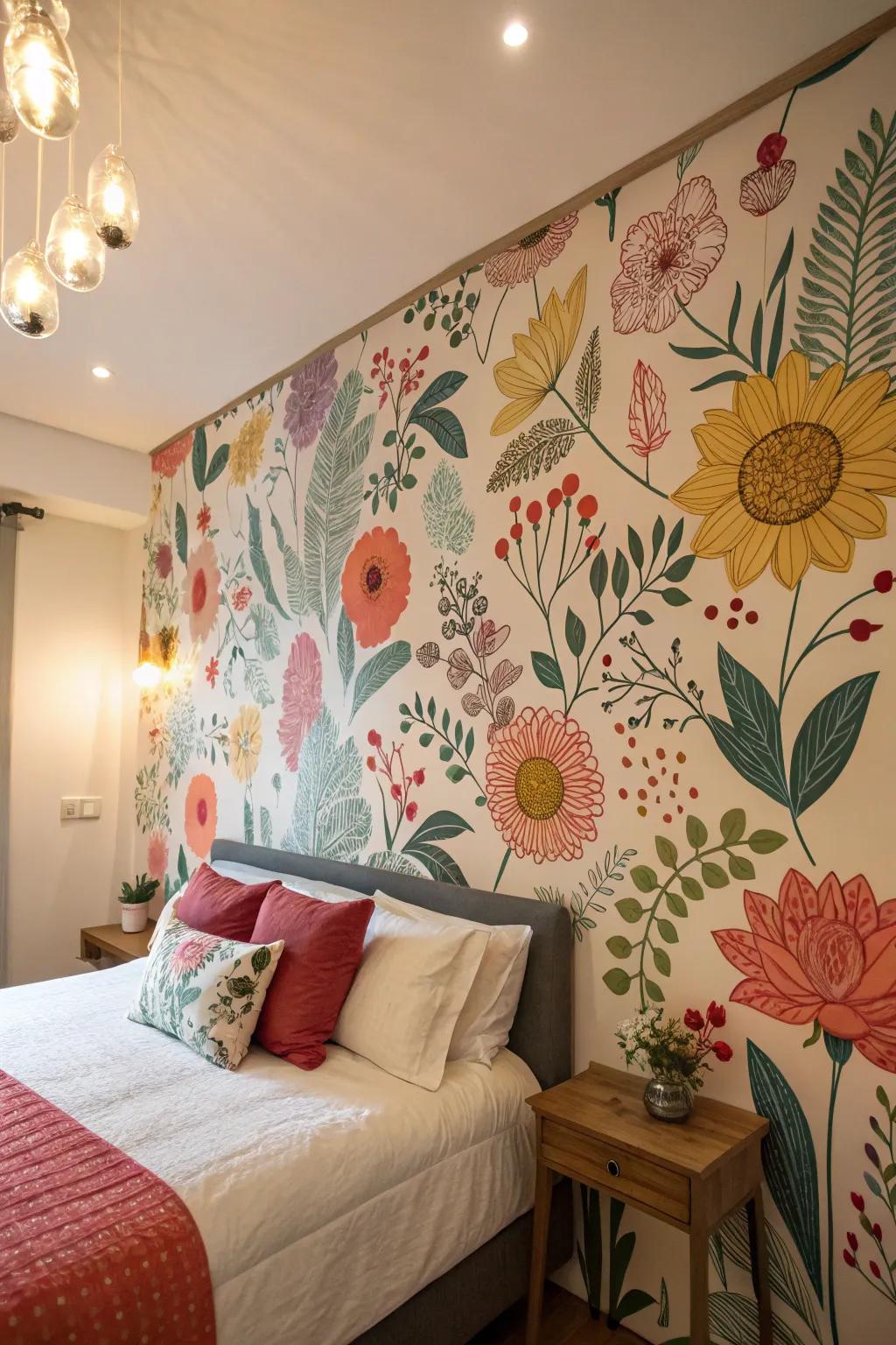 A floral mural functions as a captivating center point.