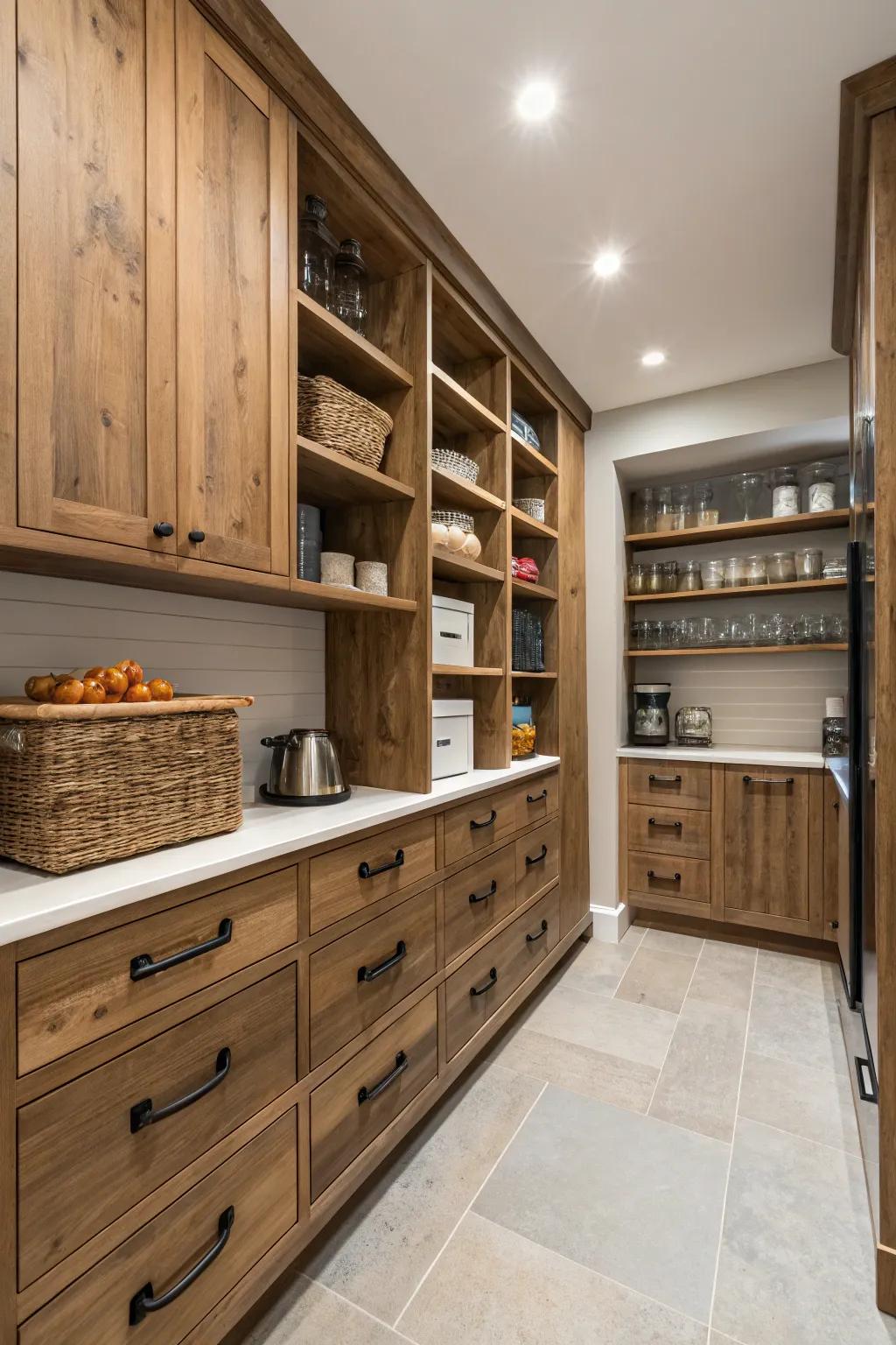 Rustic charm meets modern style in this pantry.