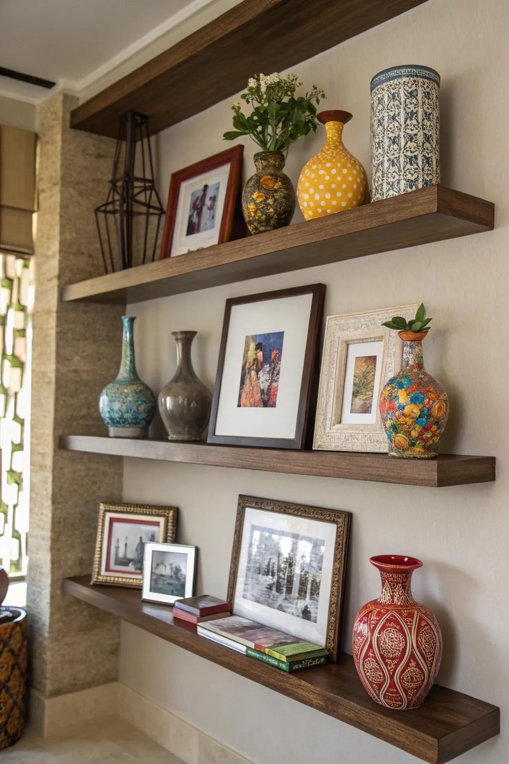 Depth with layered shelf decor.