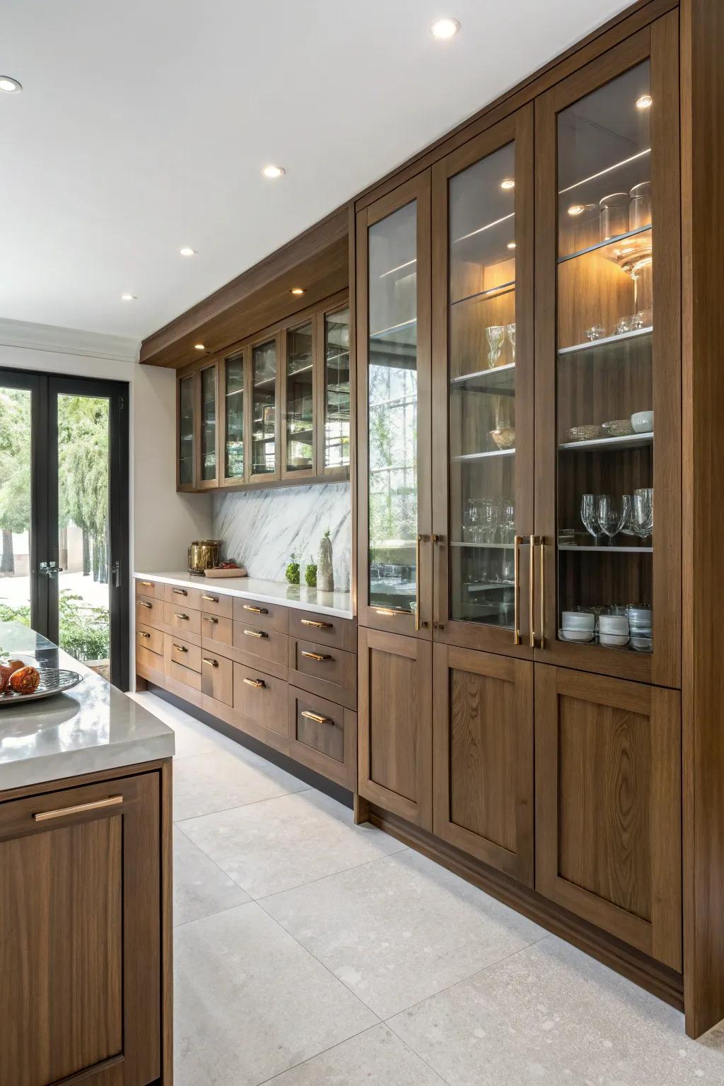 Mixing materials adds intrigue to walnut cabinetry.