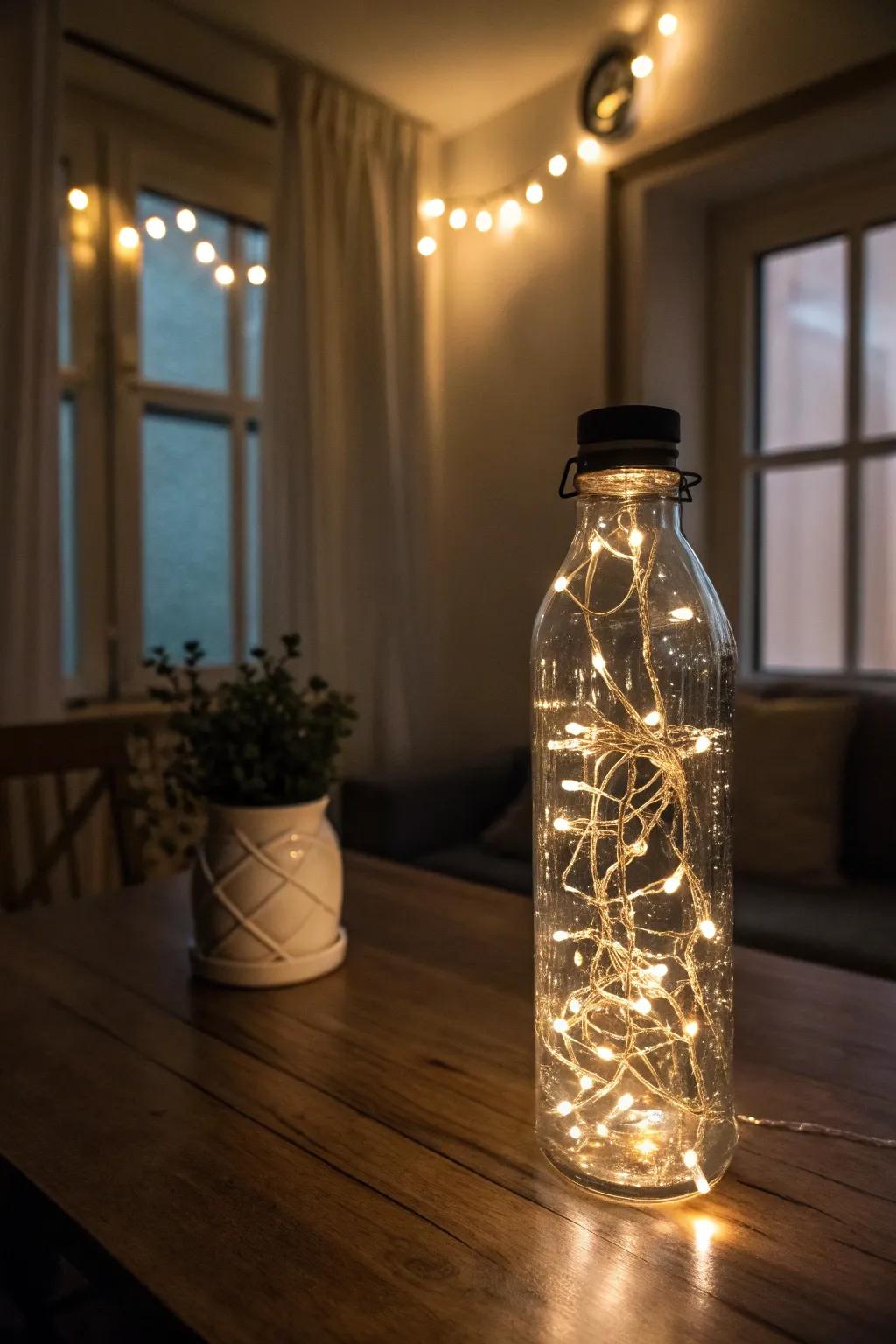 A drinking bottle brimming with warm miniature lights, generating a captivating radiance.