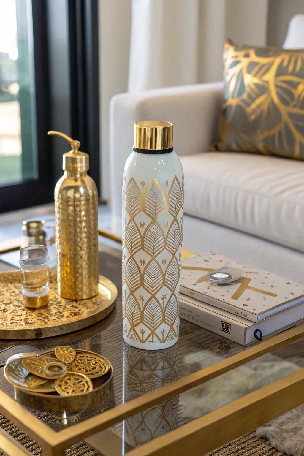 Refined reusable bottle decorations with metallic highlights.