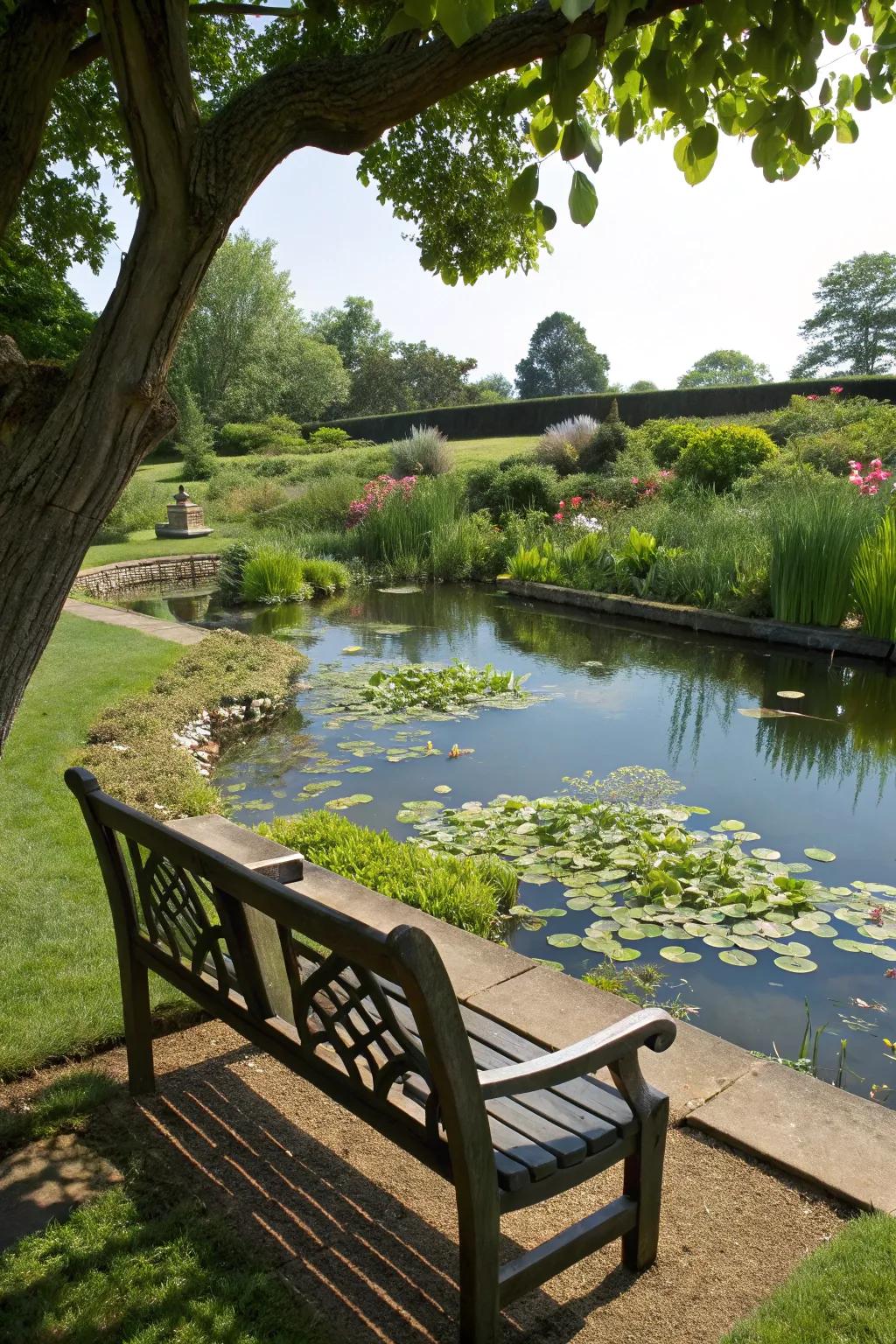 A bench by the water garden provides a perfect relaxing location.