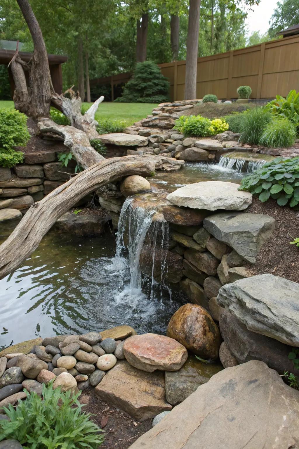 A rustic garden waterfall showcases driftwood and stones for a natural appearance.