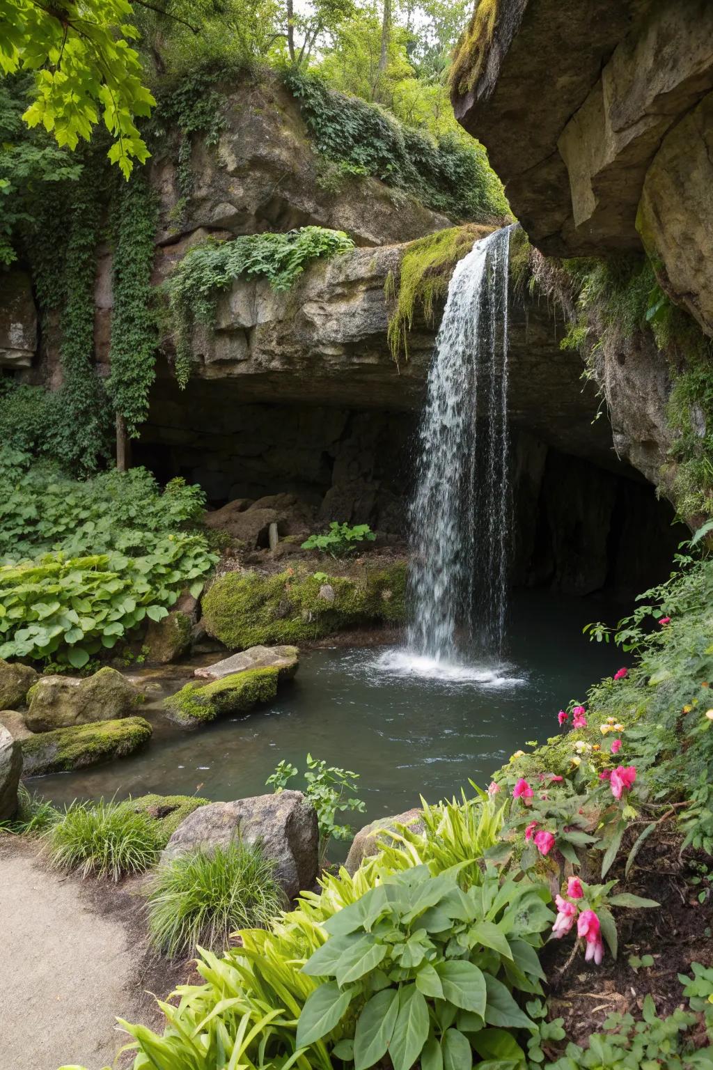 A hidden grotto waterfall provides a mysterious getaway within the garden.