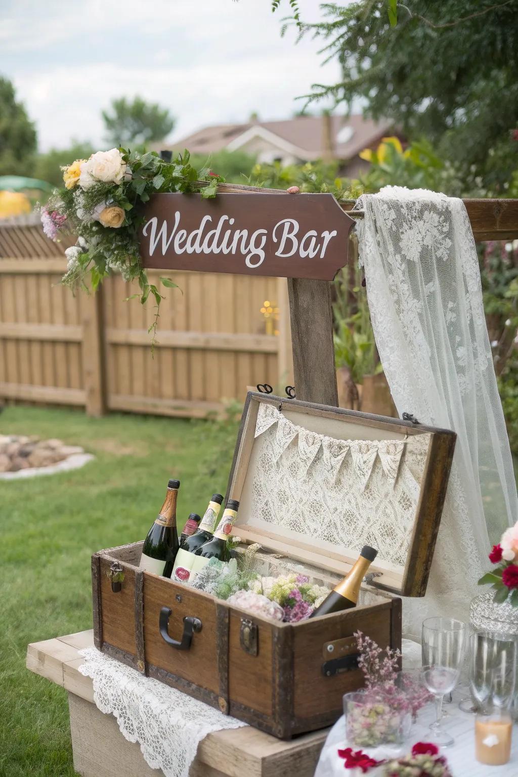 A vintage trunk refreshment area setup with a nostalgic sign.