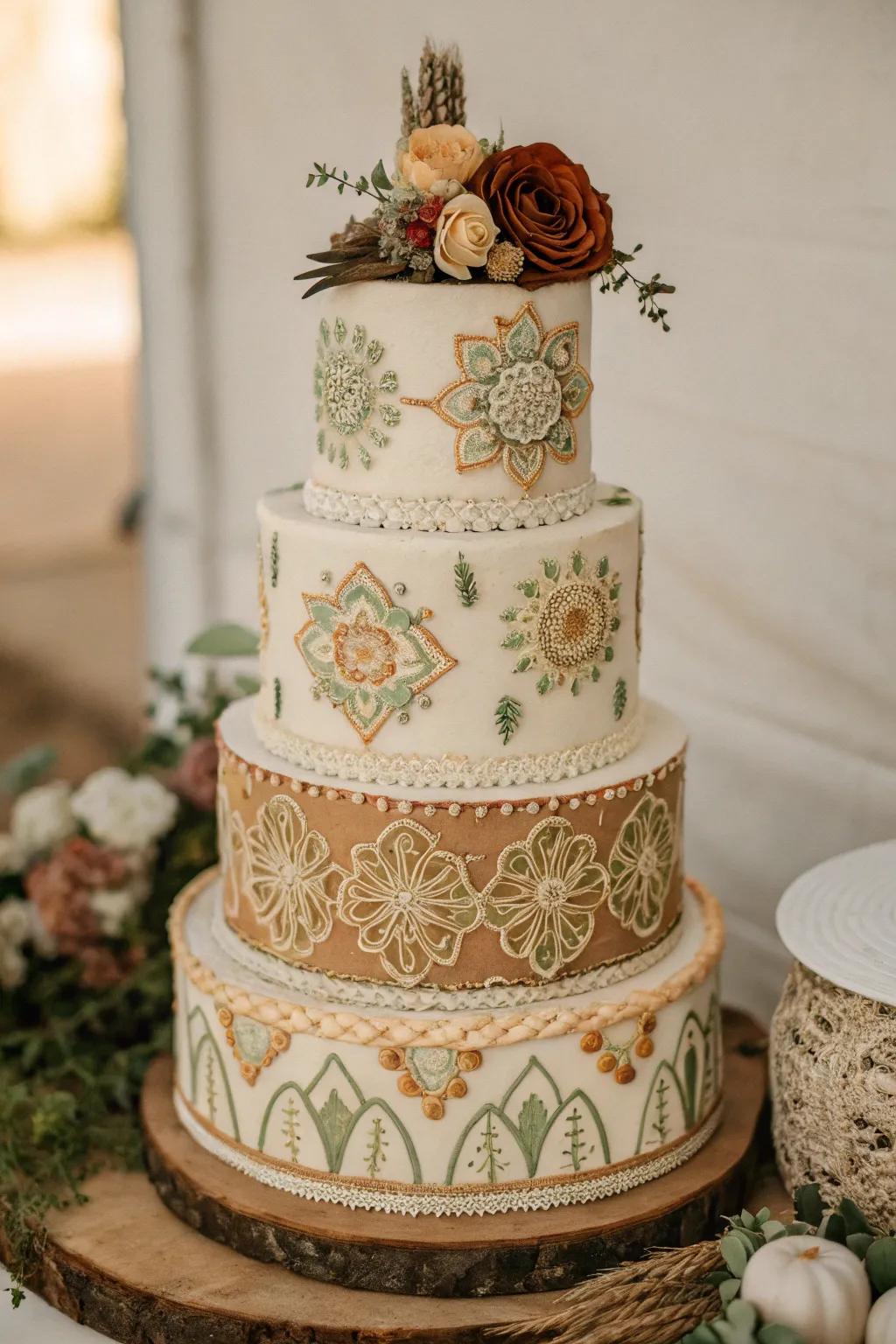 A bohemian-styled cake that ties the celebration together beautifully.