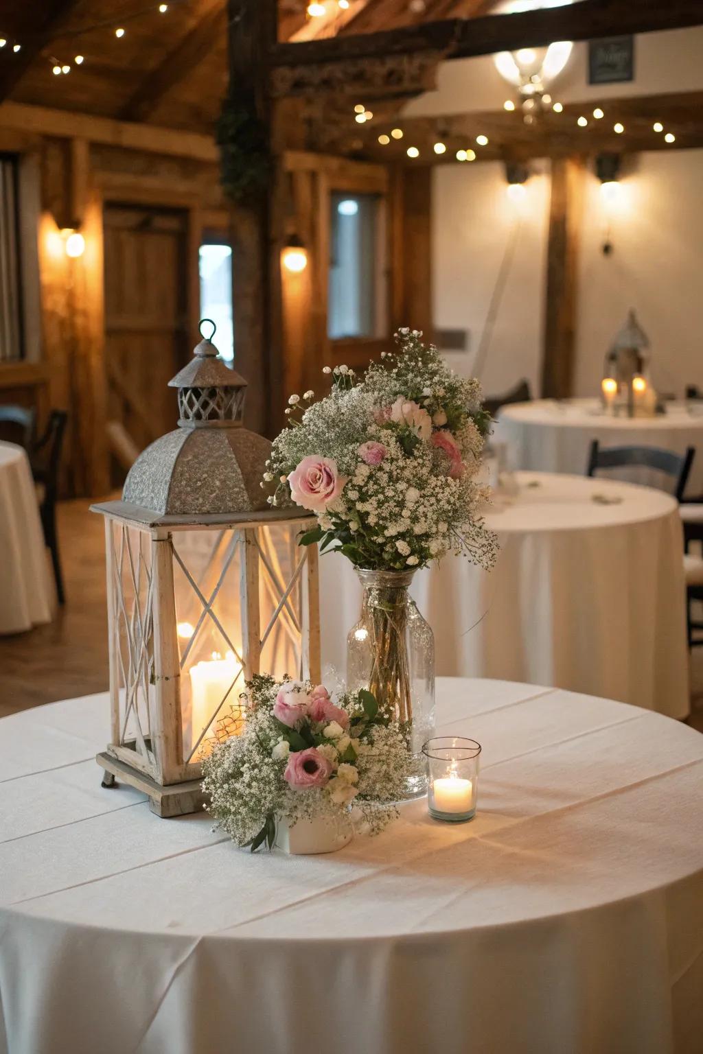 Lamps bordered by blooms forge a warm, inviting centerpiece.