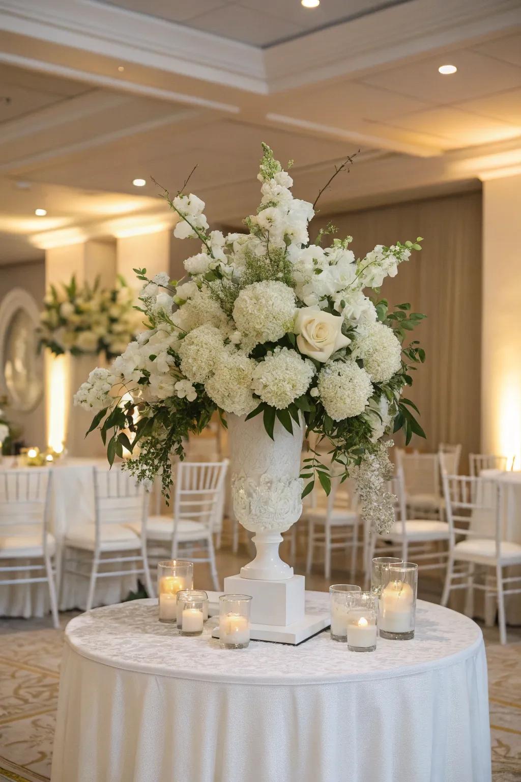 An elegant all-white floral arrangement, providing a timeless and sophisticated touch to the wedding decor.