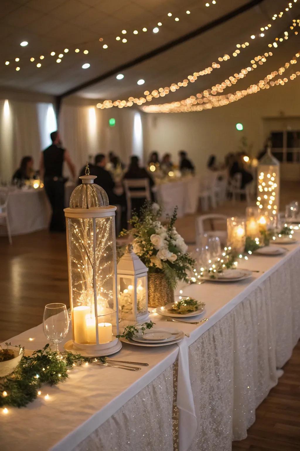 Twinkling lights shimmering above the wedding head table.