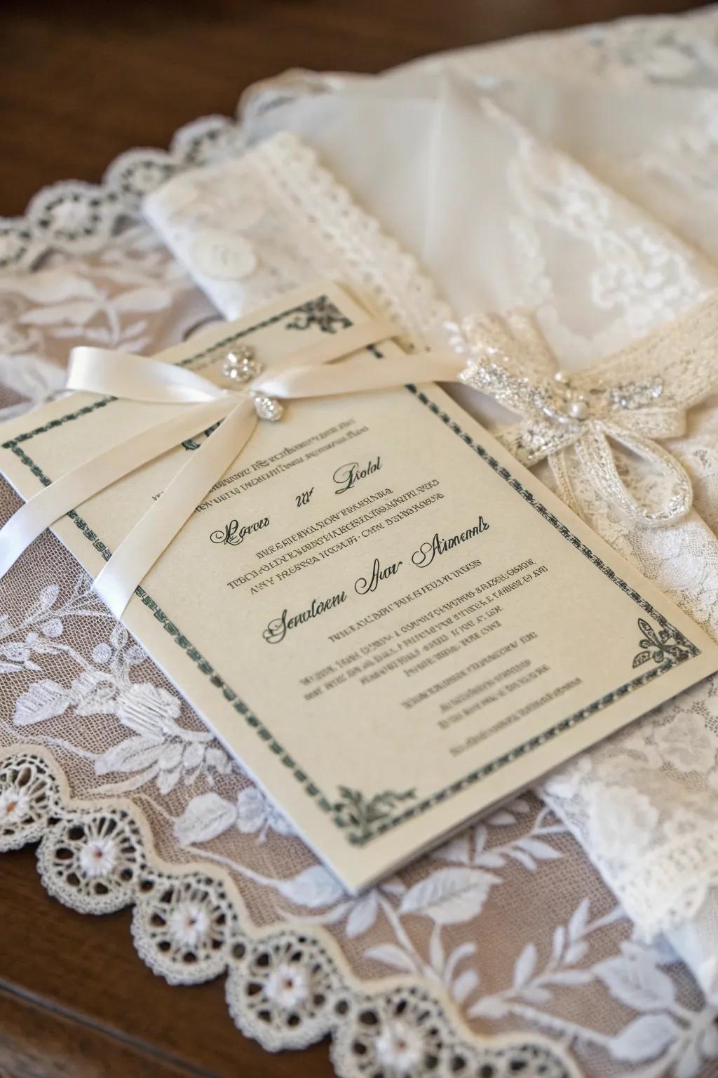Delicate and ribbon combine for a vintage wedding invitation.