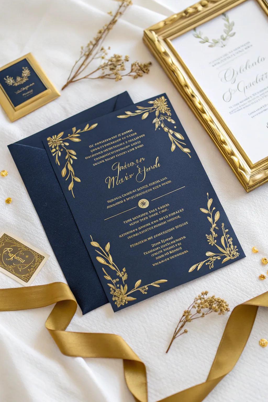 A lavish wedding invitation showcases shimmering gilded foil accents.