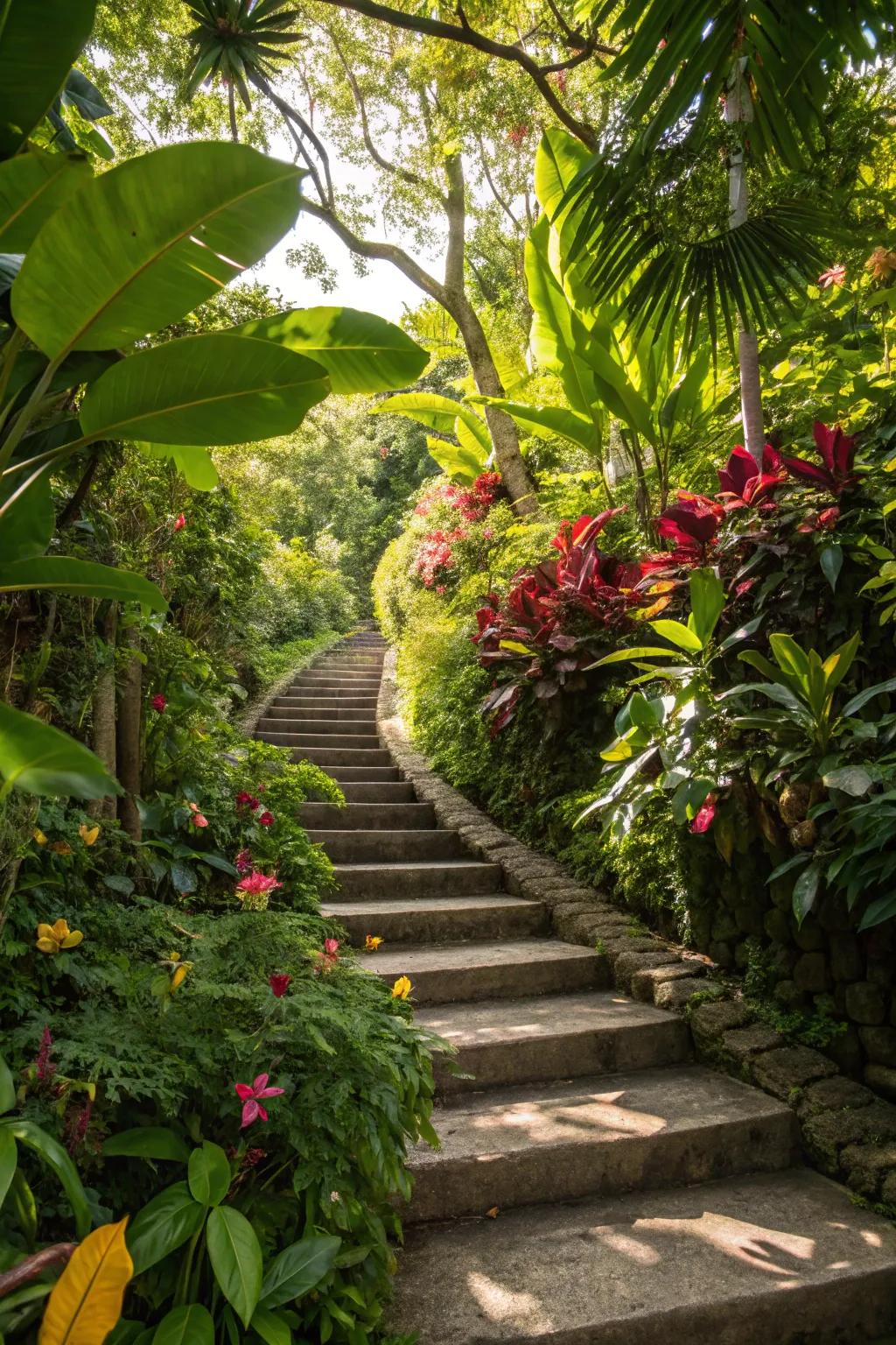 Exotic vegetation establishes a unique, lush atmosphere on this stairway.
