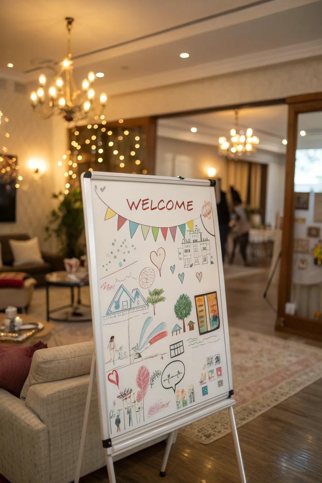 Subject-related drawings enhancing a magnetic writing surface welcome message.