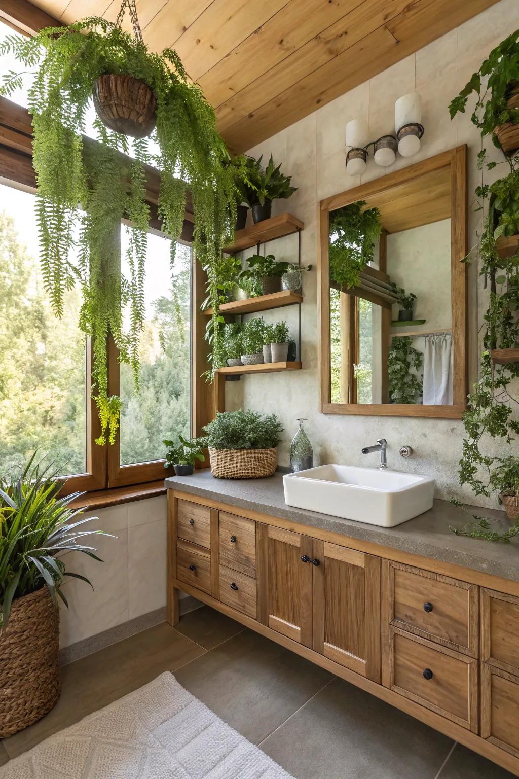 Greenery introduces a vibrant touch to this Western-themed bathroom.