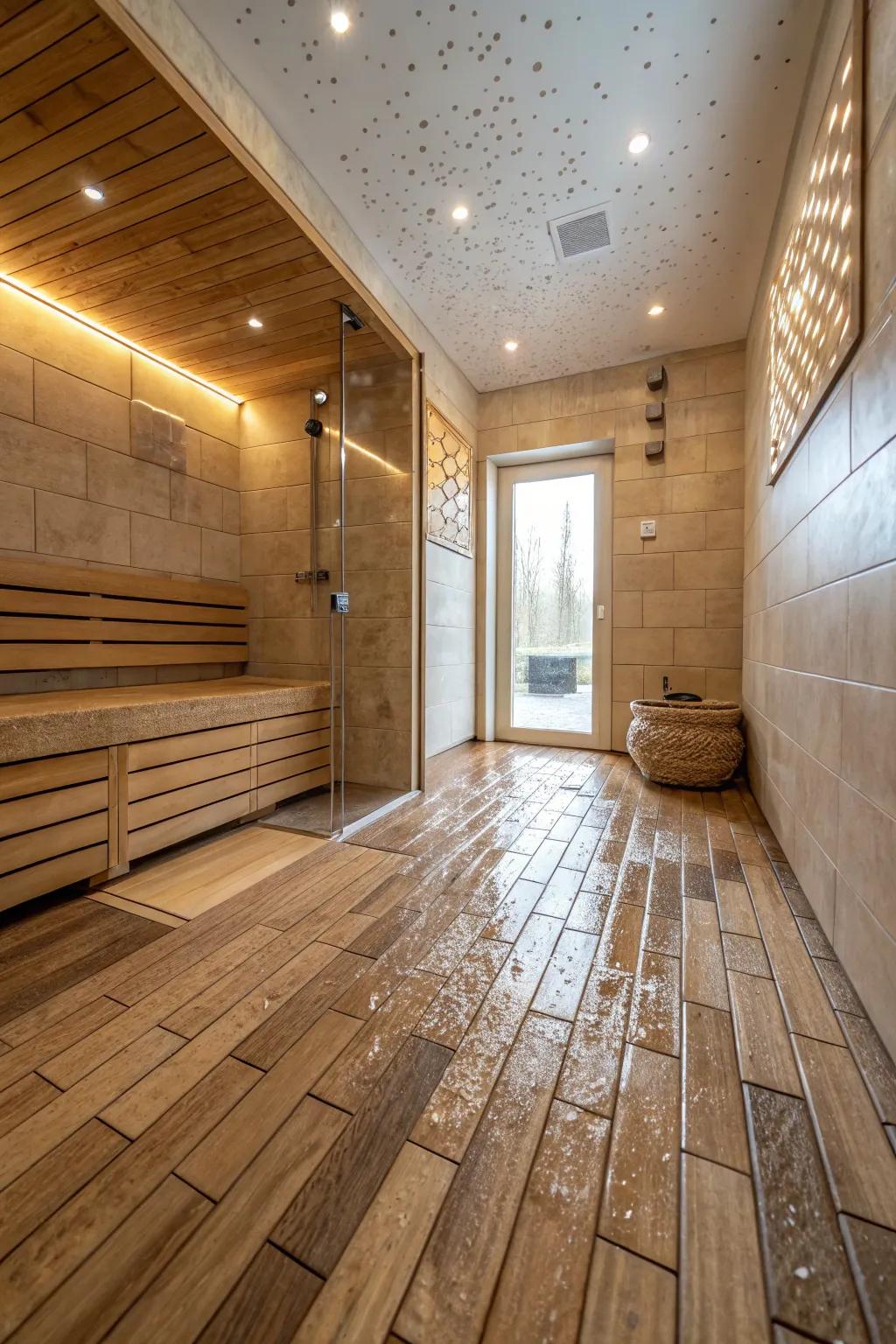 Wood-look tiles provide warmth and elegance to wet rooms.