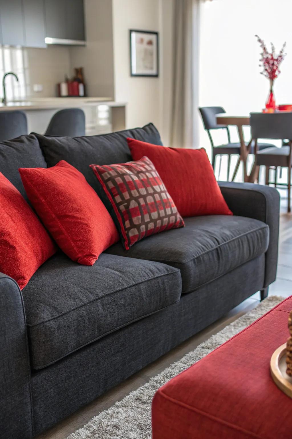 Crimson cushions establish a dramatic focal point on the dark grey sofa.