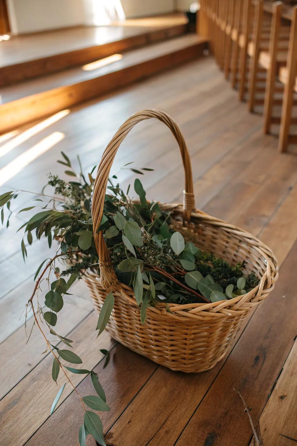 A basket featuring twigs and foliage infuses a rustic appeal to any space.