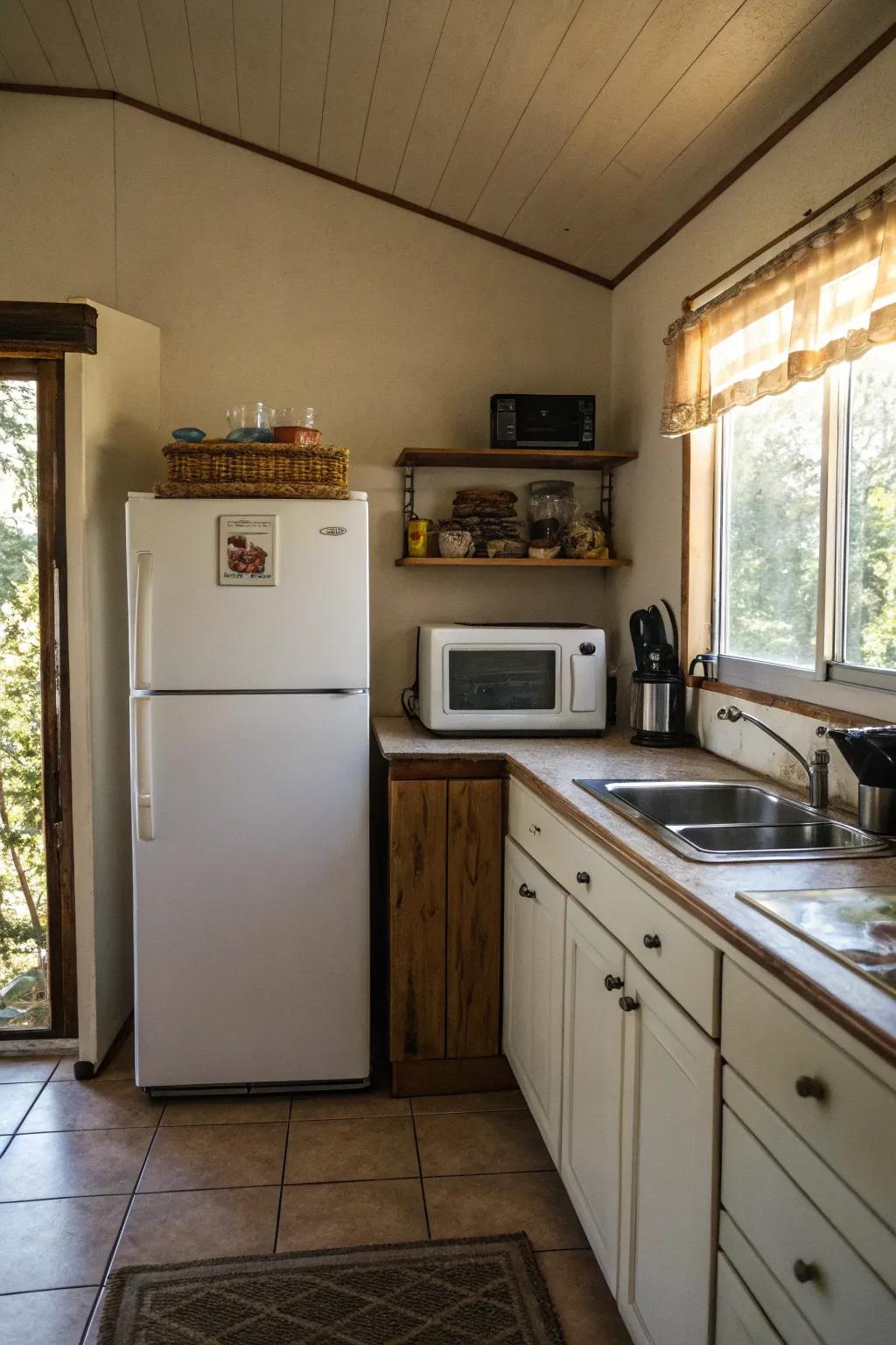 A microwave positioned above the fridge for optimal space usage.