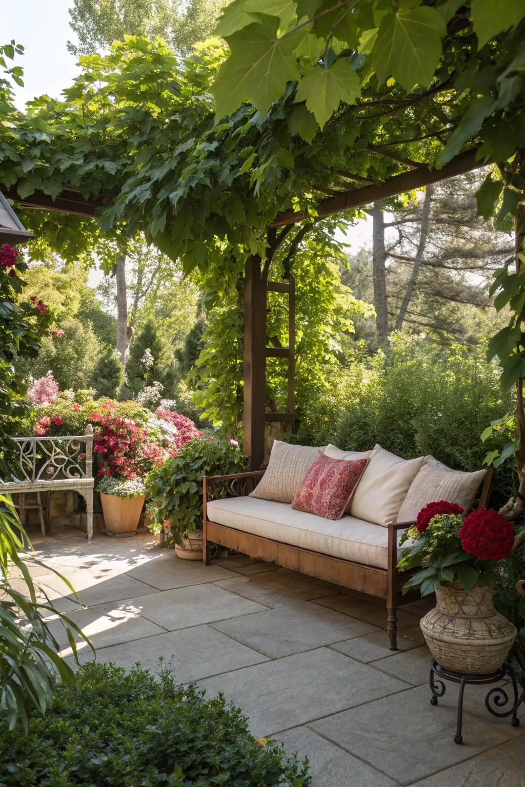 Comfortable seating areas offer perfect spots for garden relaxation.