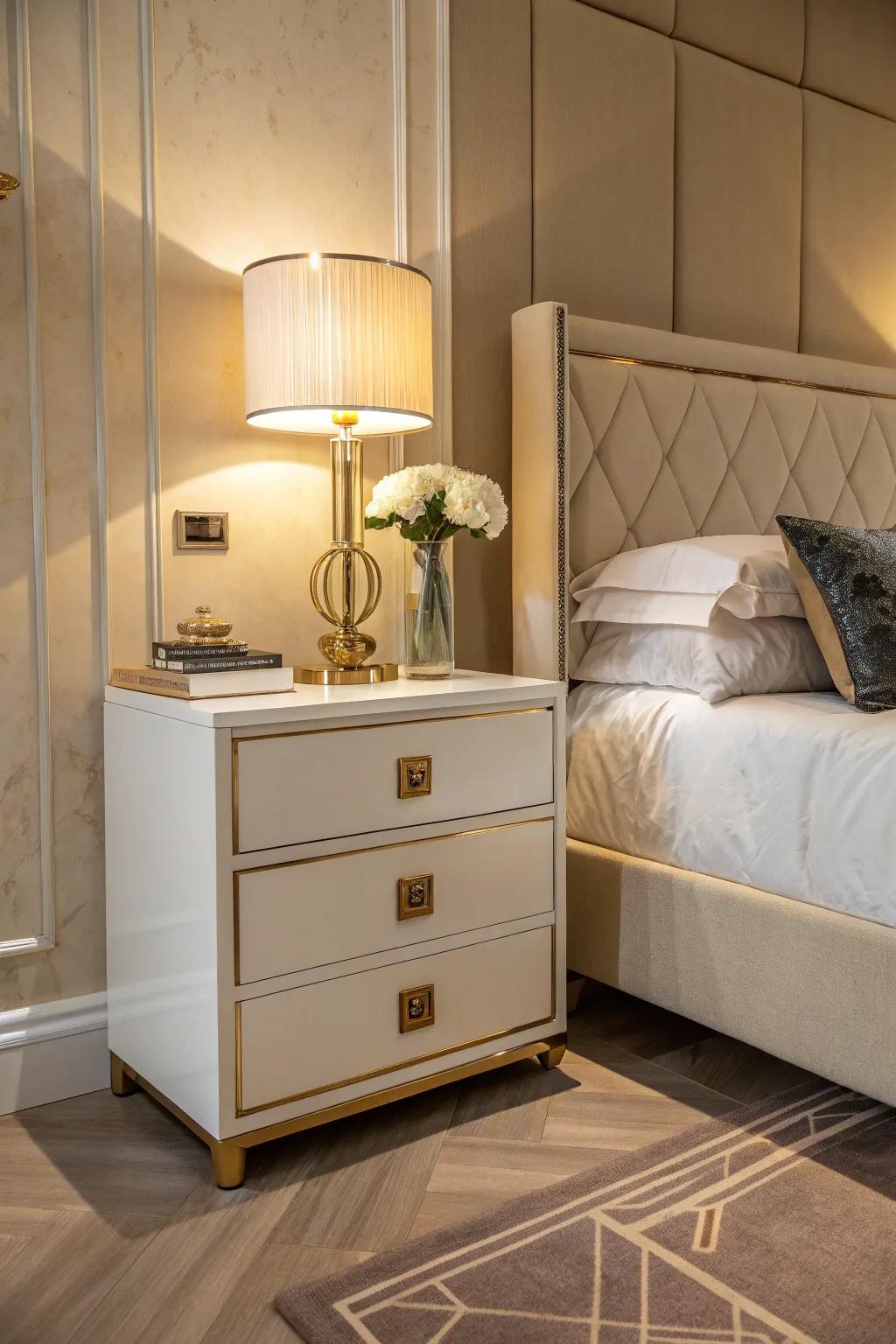 Gold-trimmed nightstands seamlessly extend the theme.
