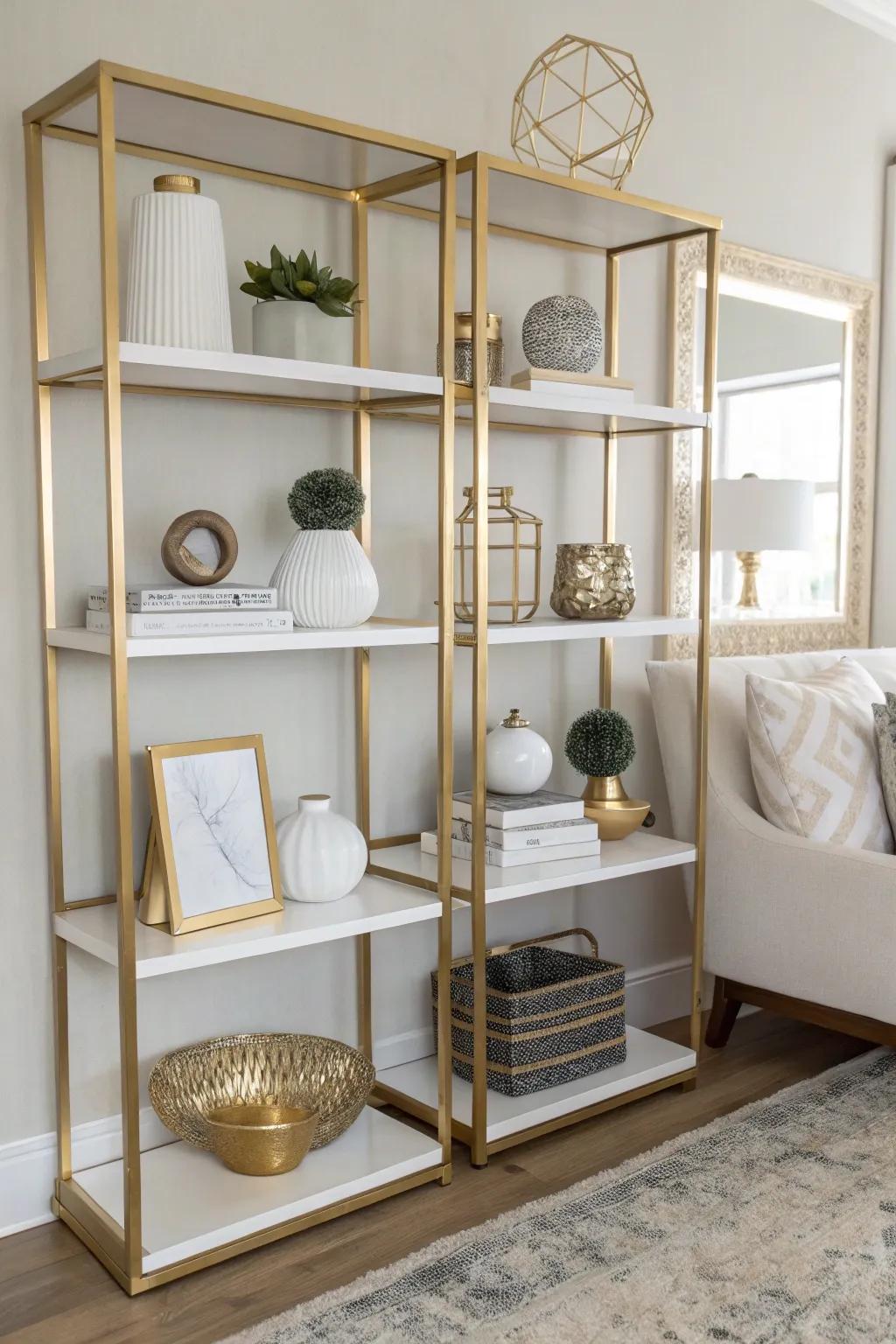Simple shelving in gold and white preserves space organization and style.