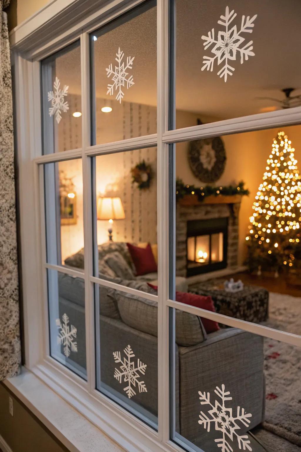Crystalline flake clings produce a whimsical winter vista directly on your windows.