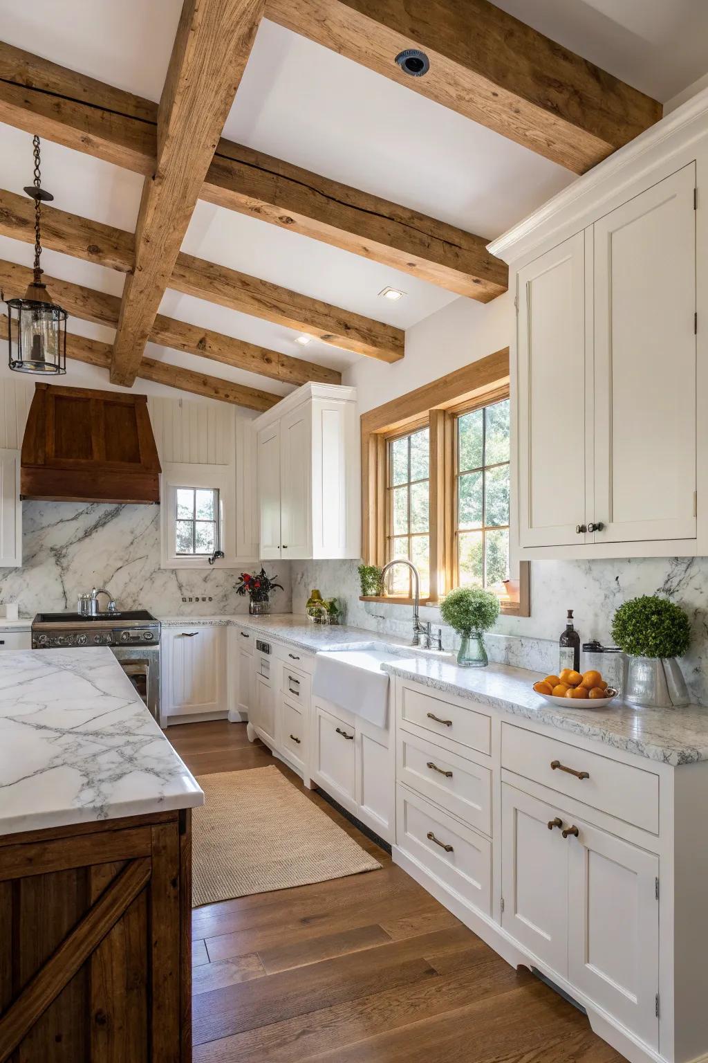 The exposed beams contribute a rustic charm to the bright, airy kitchen.