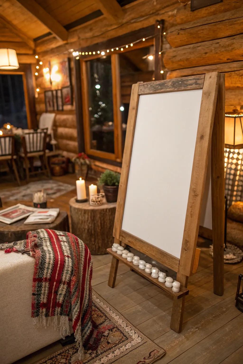 A weathered timber framework adds individuality and coziness to the whiteboard.