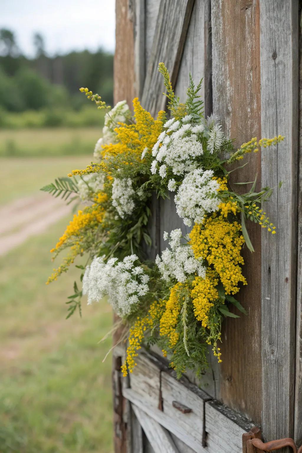 A seasonal wildflower garland introduces appeal into whichever entrance.