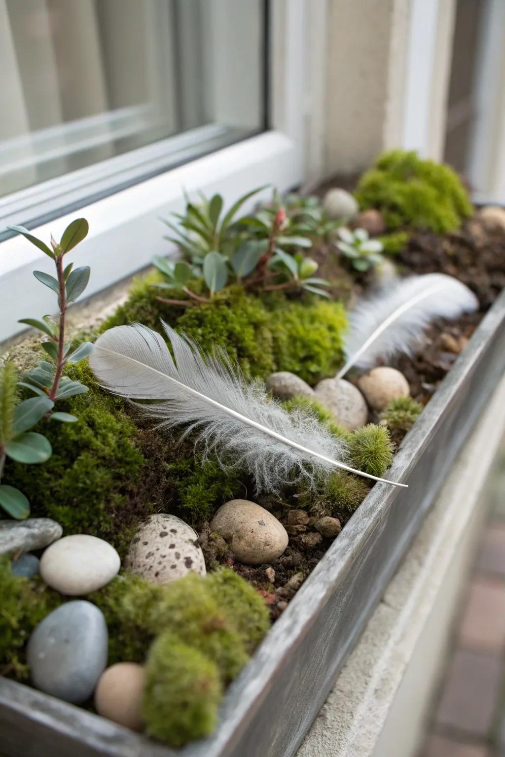 A tactile delight featuring feathers and moss in a window box