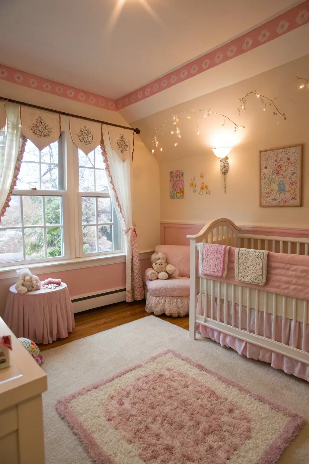 Gentle rose trim introduces a romantic sensation to a nursery.
