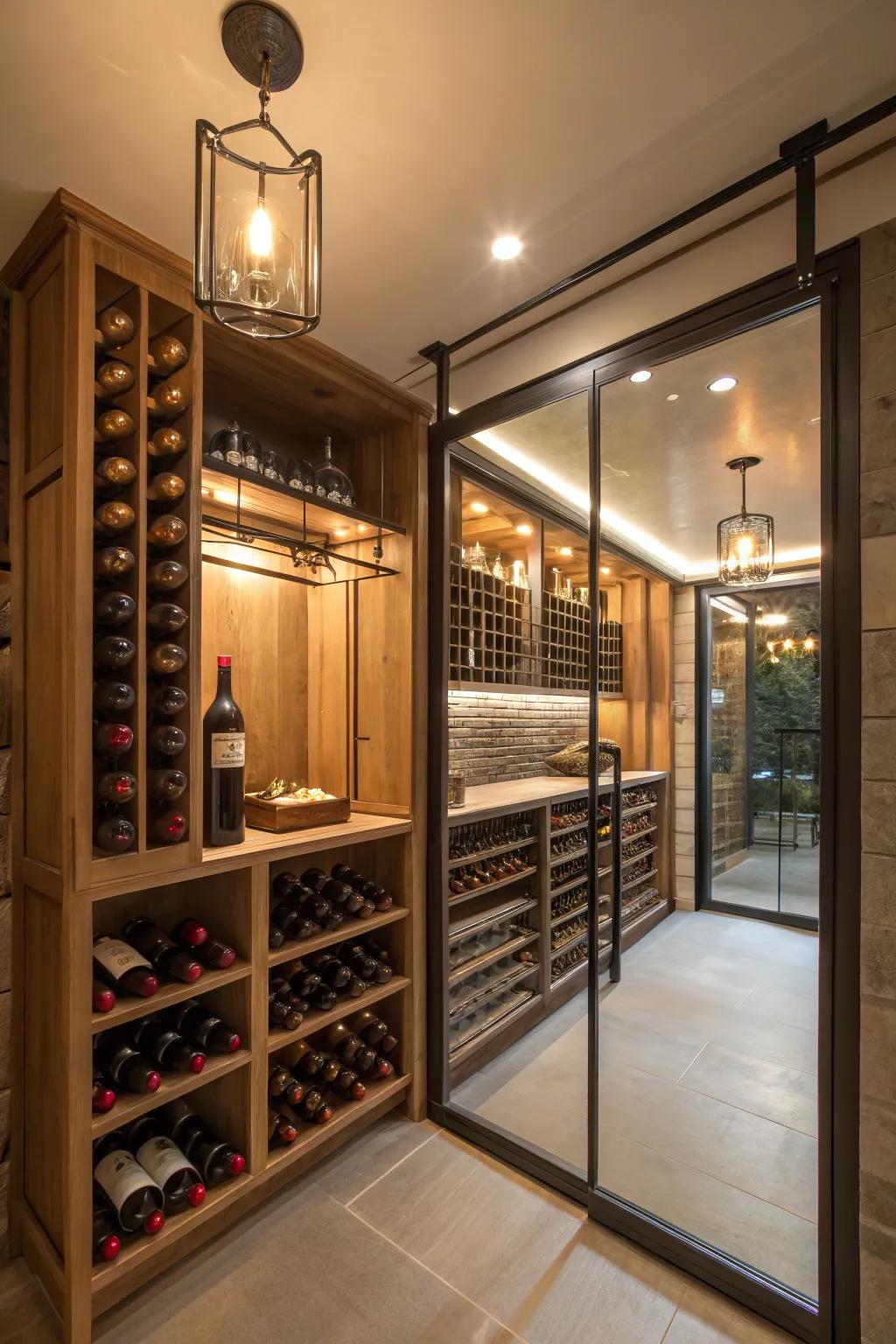 Sleek wine room appearance created by illuminated glass and metal accents.