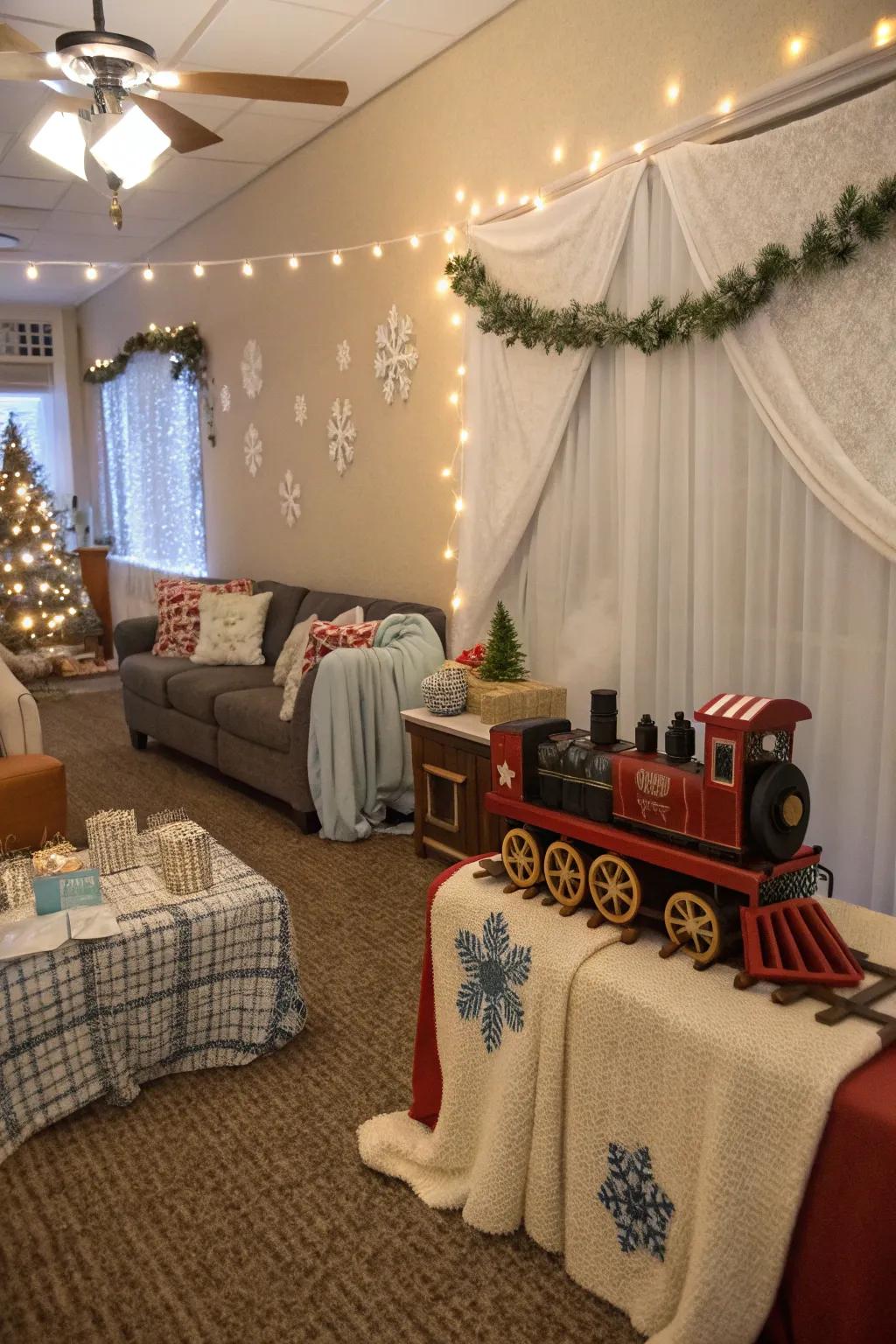 A comfortable baby shower with a Polar Express theme.