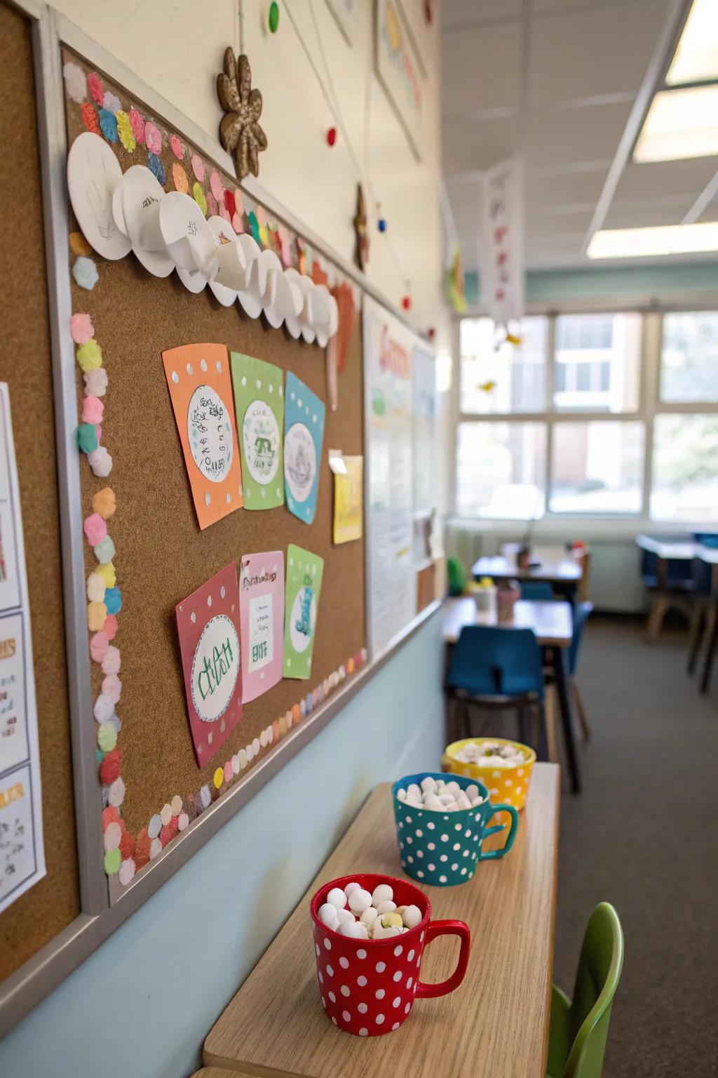 A warm drink theme brings warmth to the winter bulletin board.