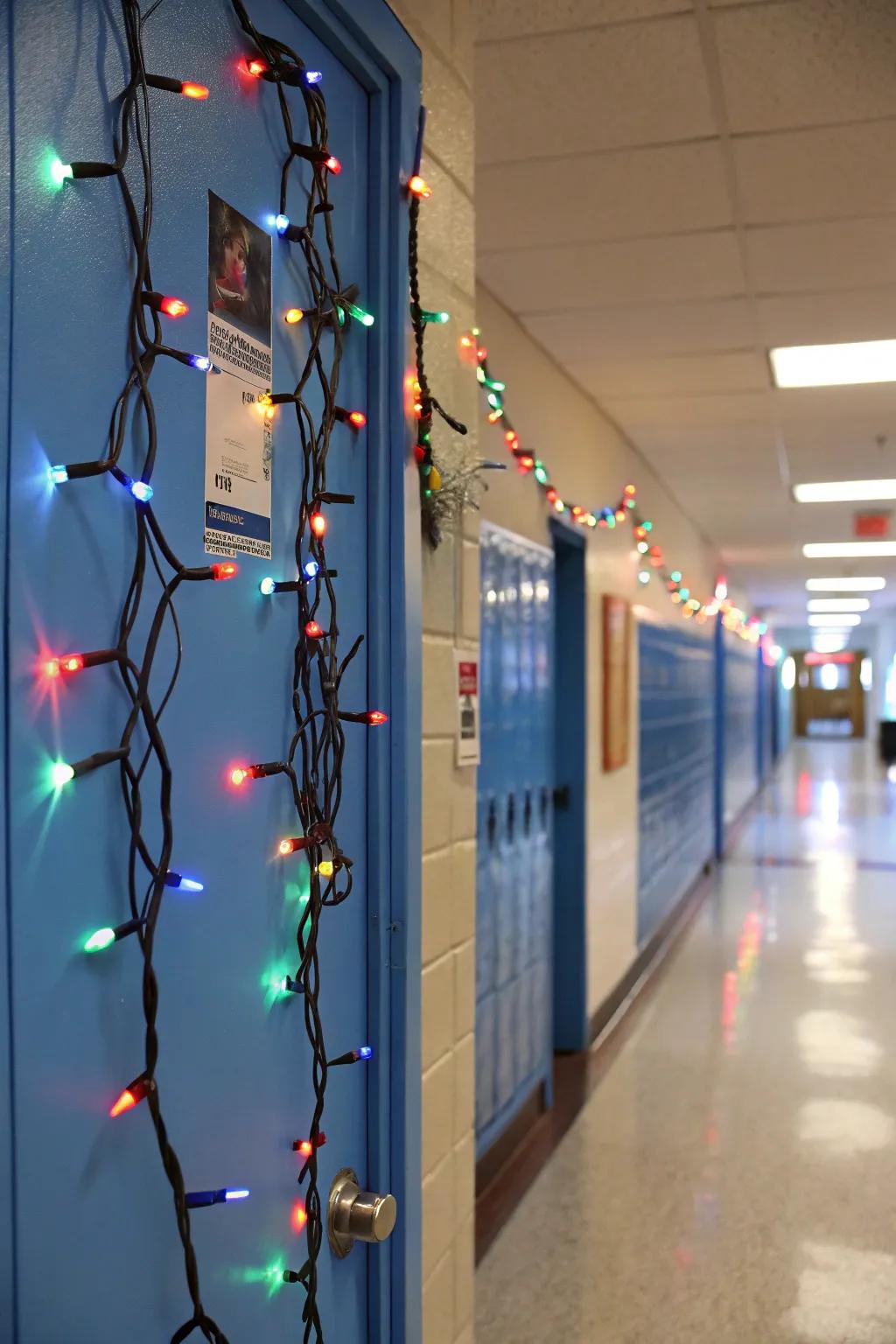 Holiday lights add a festive glow to this school door