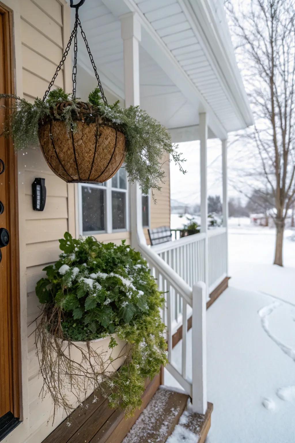 A hanging door vessel filled with winter greenery.