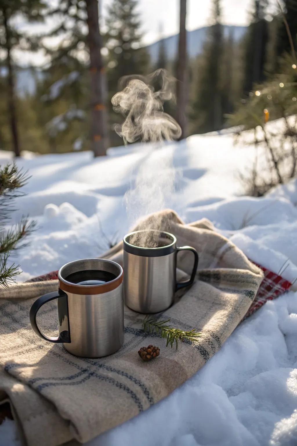 Thermal mugs keep drinks hot on a cold day.