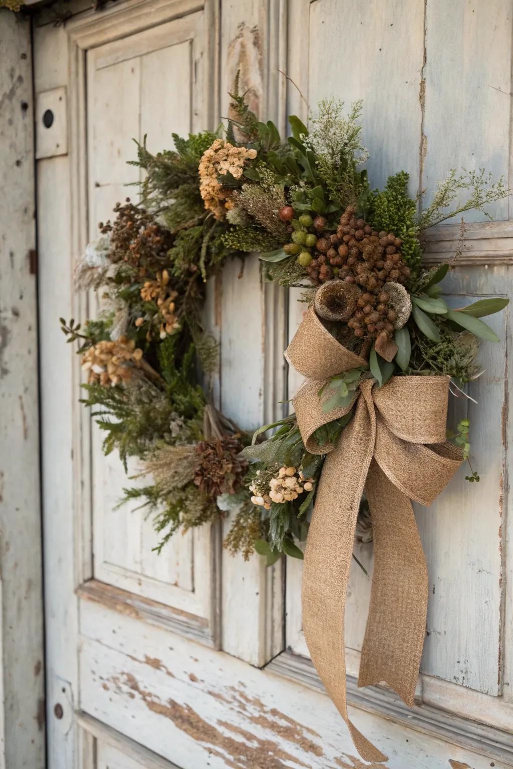 Hessian imparts a vintage nuance to this captivating arrangement.