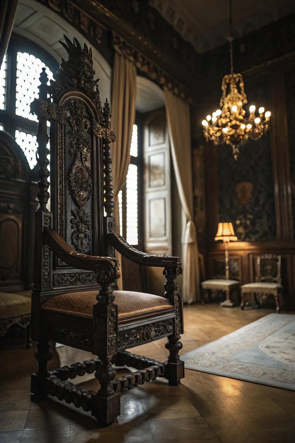 Ornate vintage furnishings contribute elegance to the den.