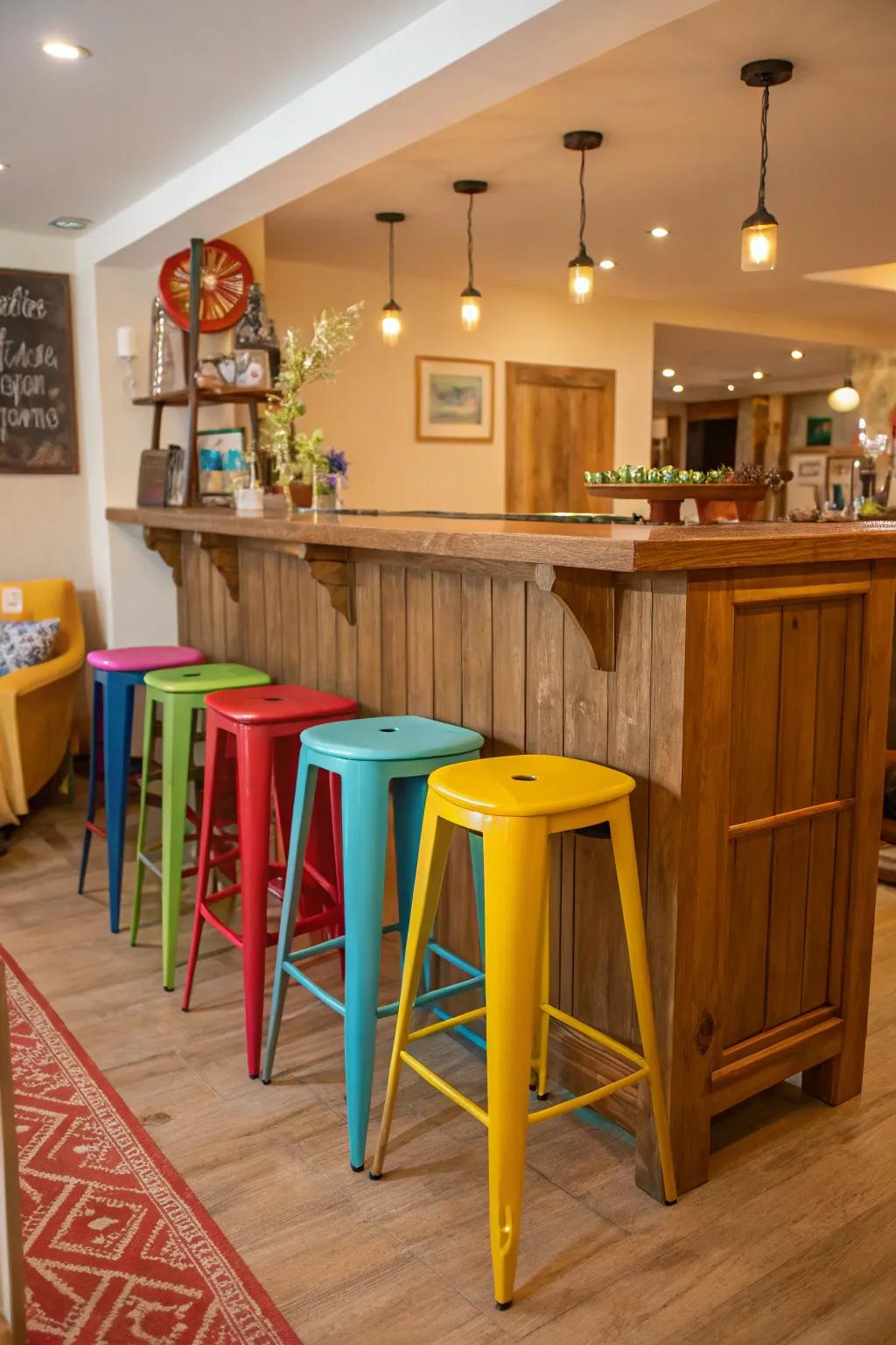 Personalized bar seats injecting personality into a timber bar.