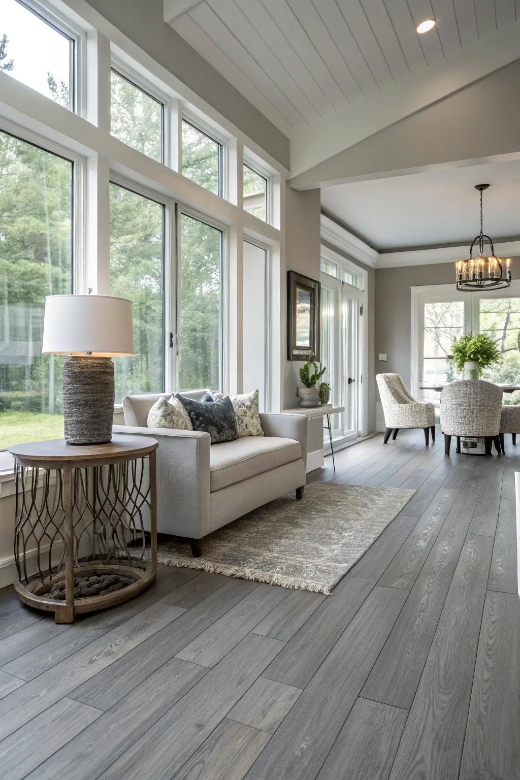 Fashionable interior featuring refined lead wood flooring.