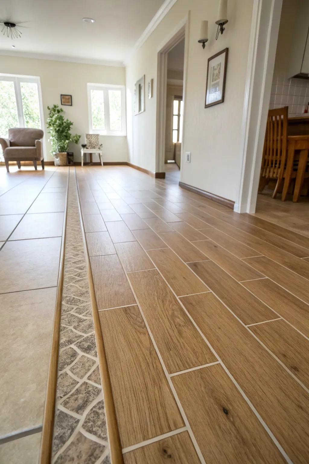 A minimalist interior showcasing seamless grout line transition from tile to wooden flooring.