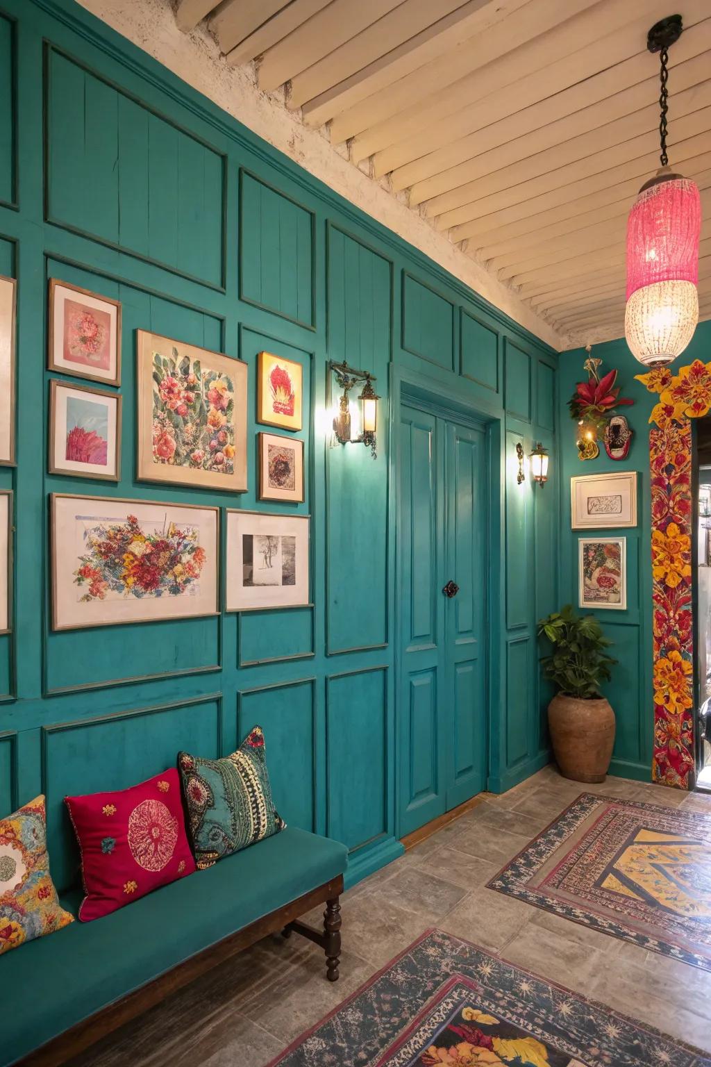 Pigmented timber panels inject a burst of color.