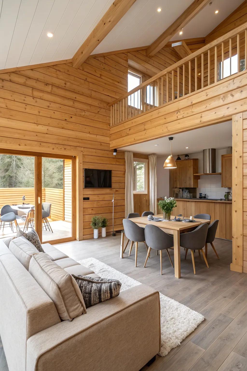 Timber cladding facilitates the definition of spaces in open living areas.