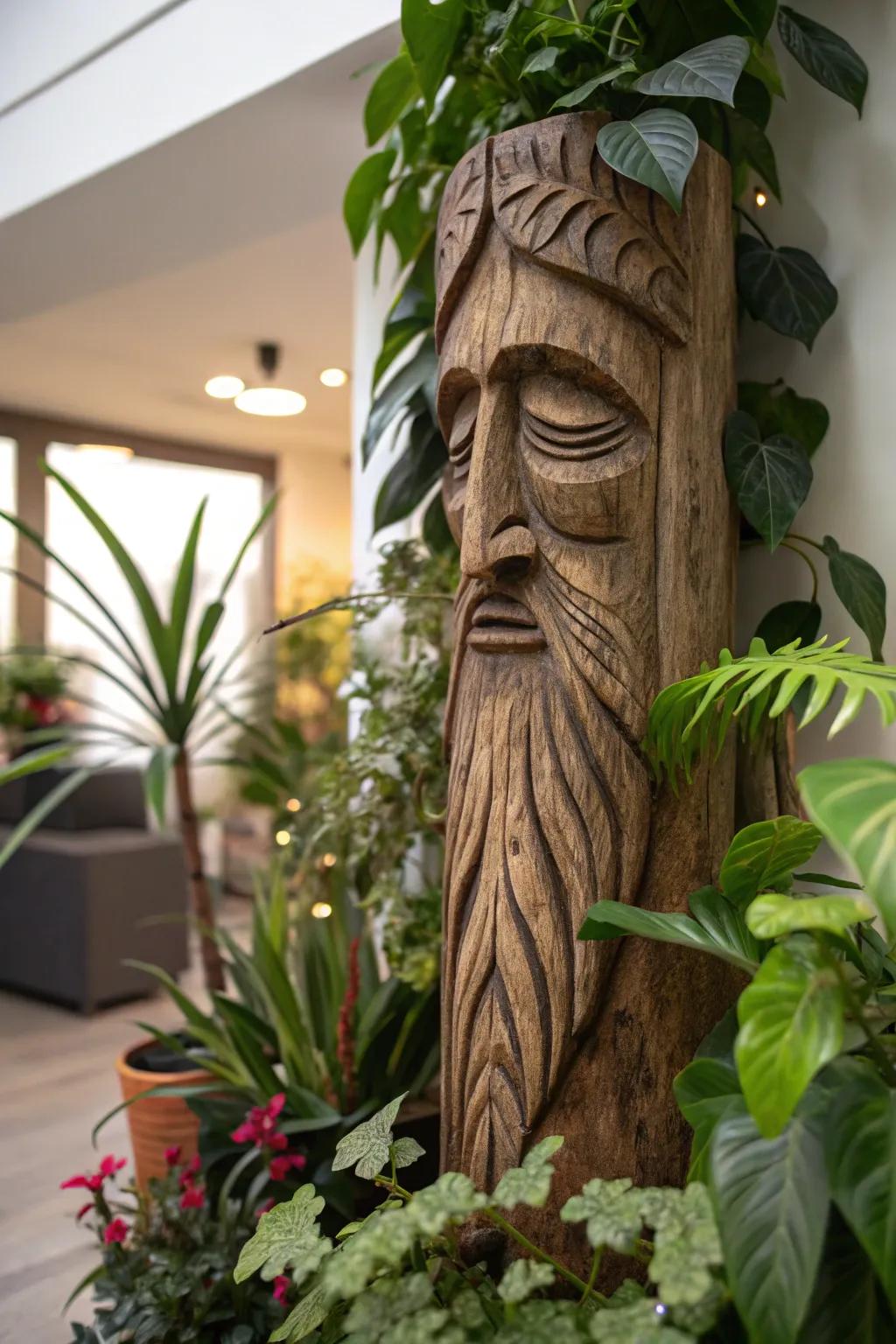 Connect with nature through enchanting wooden forest essence sculptures.