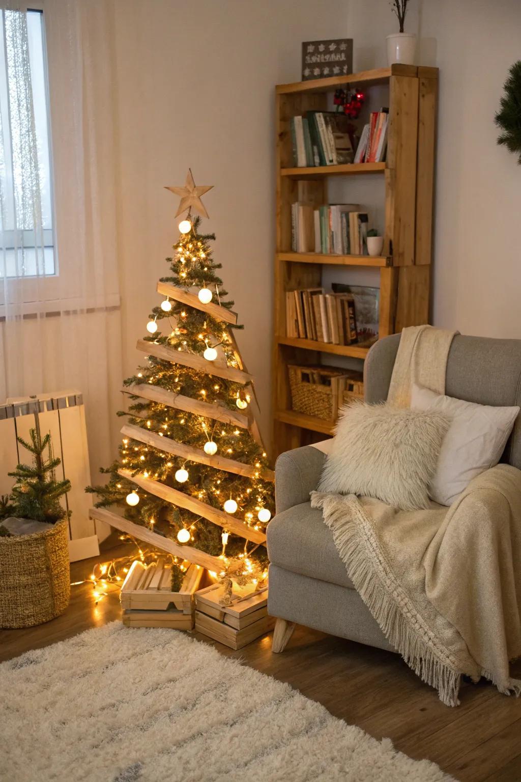 A cozy setup with a wood tree that invites relaxation.