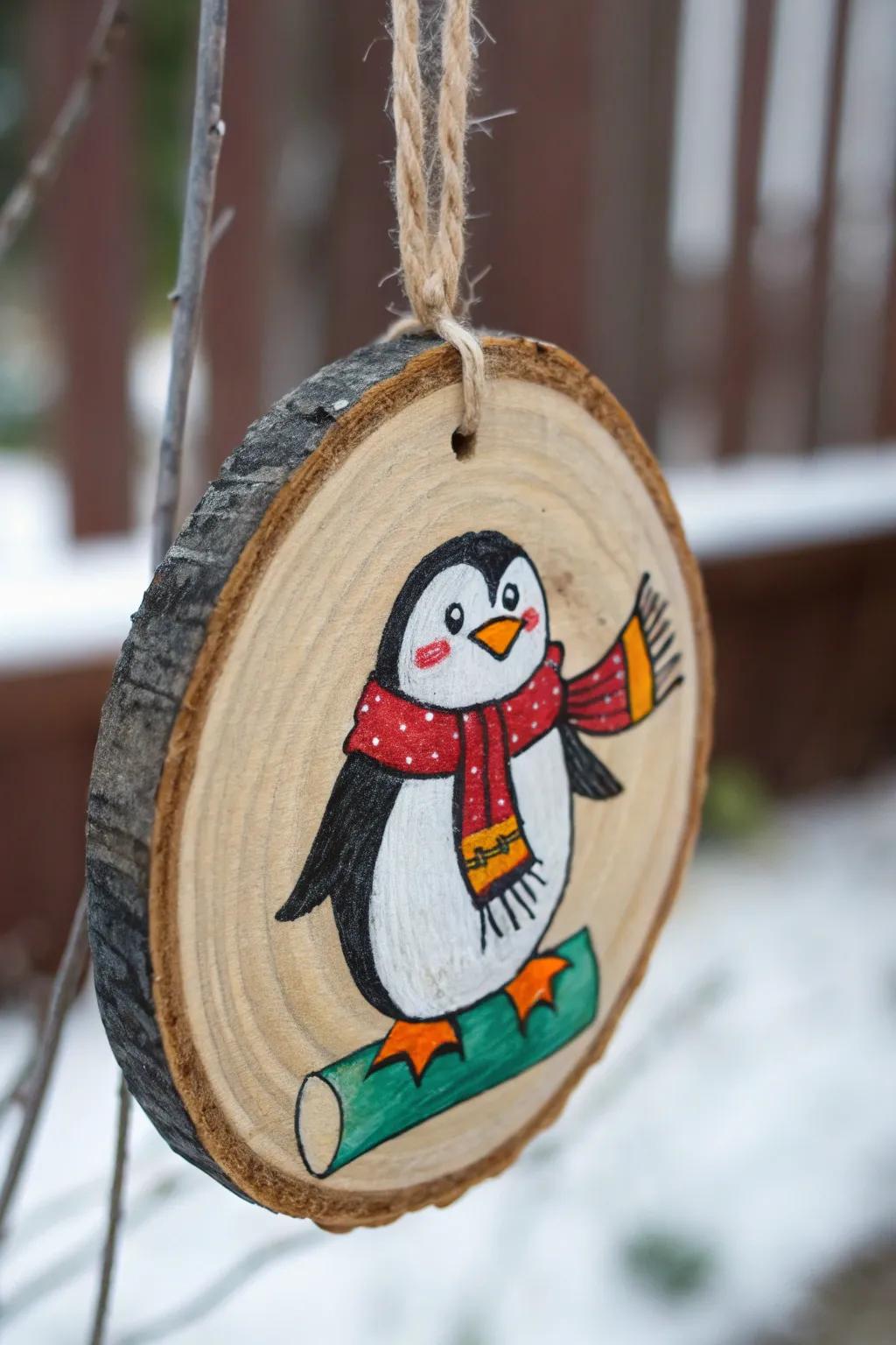 A quirky penguin painting infuses charm into this ornament.