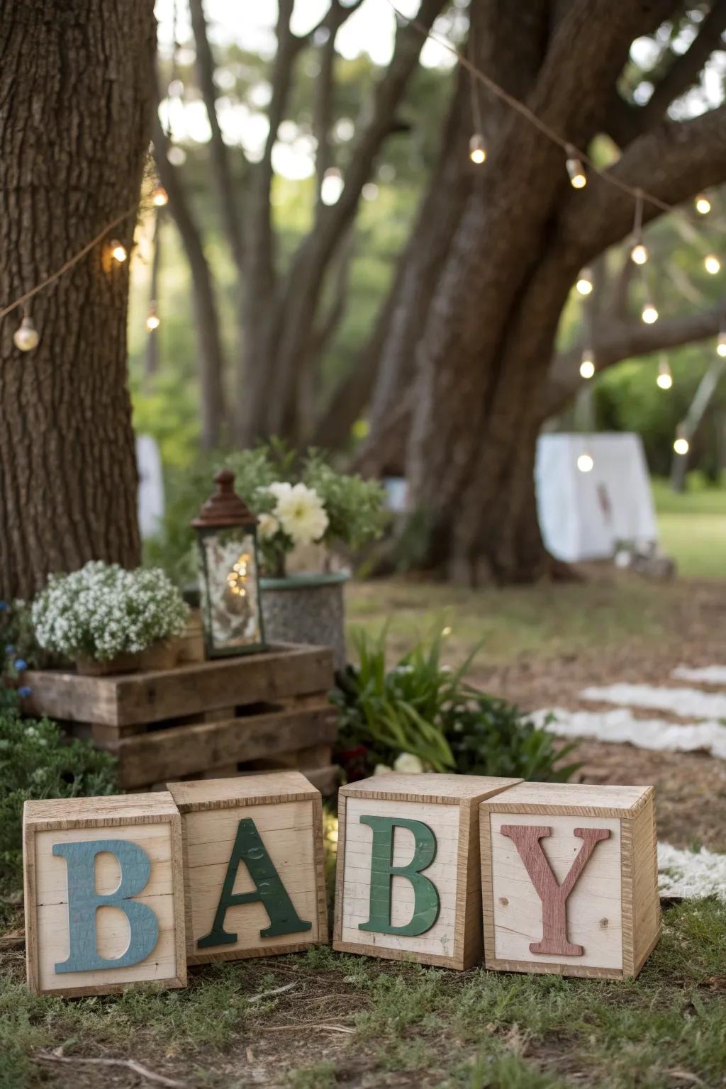 Ornamental blocks and markers add personalized touches to the occasion.