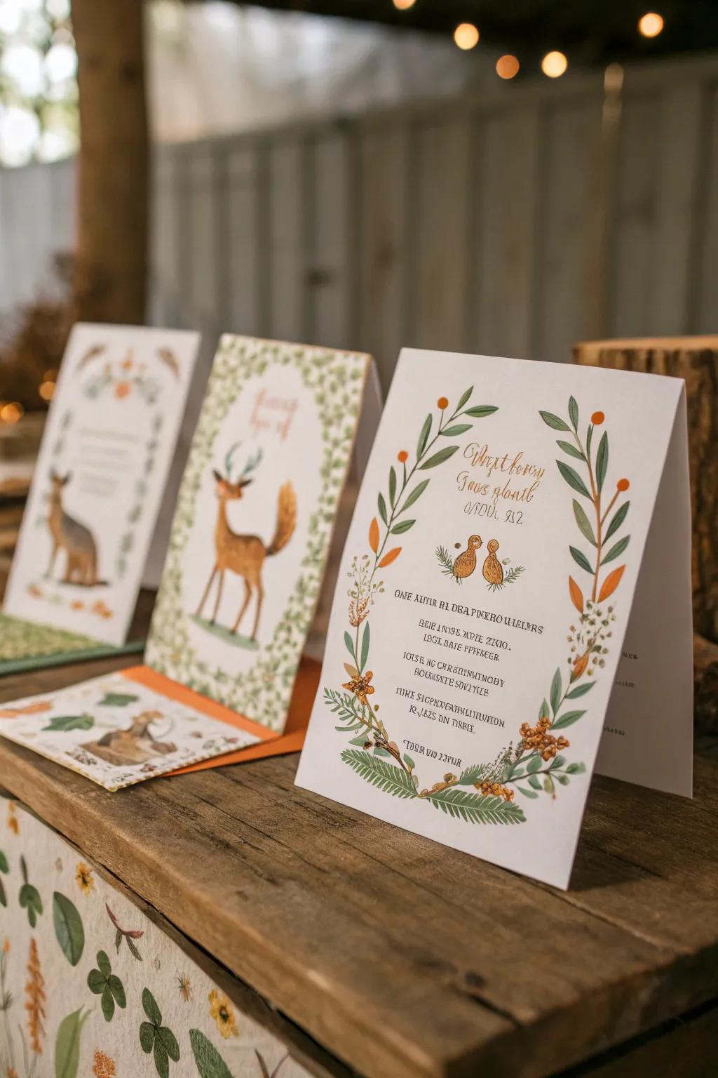 Invite attendees through delightful forest-themed cards.
